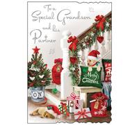 Jonny Javelin Special Grandson & Partner Christmas Card - Festive Stairway with Embossed Foil Flitter Detail