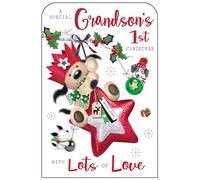 Jonny Javelin Special Grandson's First Christmas Card - Cuddly Dogs and Baubles with Foil, Flitter and Embossed Details