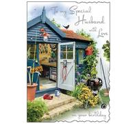 Jonny Javelin Special Husband Birthday Card - Happy Birthday Card with Man Cave Shed Design with Embossed Foil Details - Birthday Card for Men
