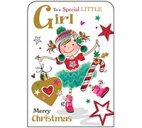 Jonny Javelin Special Little Girl Christmas Card, Single - Christmas Cards with Girl and Decorations Design and Special Finishes - Xmas Cards with Envelope