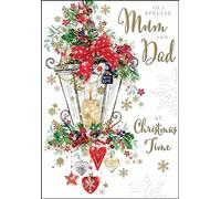 Jonny Javelin Special Mum and Dad Christmas Card - Festive Candle Lantern Embossed with Foil and Flitter Details