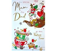 Jonny Javelin Special Mum and Dad Christmas Card, Traditional Winter Design with Teapot, Teacups, Robins and Holly, Gold Foil and Glitter Finish