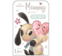 Jonny Javelin Special Mummy Birthday Card - Fudge Dog and Polka Dot Love Heart Embossed with Foil and Flitter Details
