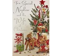 Jonny Javelin Special Nephew and Wife Christmas Card, Glitter Reindeer Design with Tree, Traditional Festive Scene