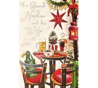 Jonny Javelin Special Nephew and Wife Christmas Card, Traditional Festive Design, Embossed Glitter Finish, Table Scene with Lanterns