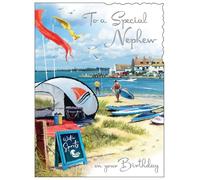 Jonny Javelin Special Nephew Birthday Card - Happy Birthday Card with Water Sports Beach Scene and Embossed Foil Details - Birthday Card for Men or Boys