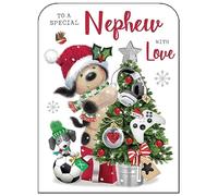 Jonny Javelin Special Nephew Christmas Card - Fudge Cuddly Dog and Christmas Tree Gaming Decorations with Foil and Flitter Details