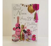 Jonny Javelin Special Niece Age 21 Milestone Birthday Card - 21st - Champagne and Presents with Foil Finish - Eco-Friendly
