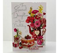 Jonny Javelin to A Special Daughter On Your Birthday Card - Flowers & Strawberry Cake