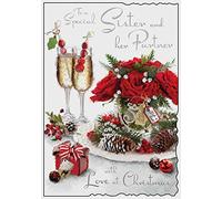 Jonny Javelin To a Special Sister and her Partner Christmas Card Festive Champagne & Roses Glitter Design