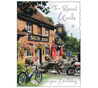 Jonny Javelin Special Uncle Birthday Card - Happy Birthday Card with Summer Village Pub and Bikes Scene and Embossed Foil Details - Birthday Card for Men
