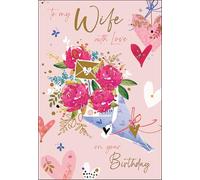 Jonny Javelin Wife Birthday Card - Happy Birthday Card with Floral Bouquet and Love Hearts Design with Embossed Foil Details - Birthday Card for Women