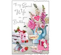 Jonny Javelin Wife Birthday Card - Happy Birthday Card with Pink Flowers and Cake Design and Special Finishes - Birthday Cards for Women