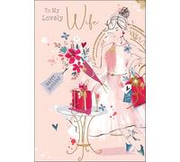 Jonny Javelin Wife Birthday Card - Stylish Feminine Design with Floral Bouquet and Gifts - Happy Birthday Card for a Lovely Wife - Embossed Foil Finish - For Her