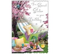 Jonny Javelin Special Sister Birthday Card - Happy Birthday Card with Cherry Blossom Picnic Design and Embossed Foil Details - Birthday Card for Women