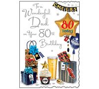 Jonny Javelin Wonderful Dad 80th Age 80 Birthday Card - Balloons Presents Beer Cupcake