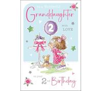 Jonny Javelin Wonderful Granddaughter 2nd Birthday Card - Happy Birthday Card Age 2 with Girl and Cake Design with Foil and Flitter Details - Birthday Card for Children