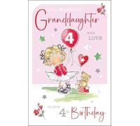 Jonny Javelin Wonderful Granddaughter 4th Birthday Card - Happy Birthday Card Age 4 with Girl and Teddy Bear Design with Foil and Flitter Details - Birthday Card for Children