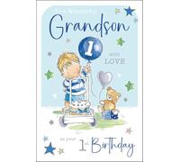 Jonny Javelin Wonderful Grandson 1st Birthday Card - Happy Birthday Card Age 1 with Boy and Teddy Bear Design with Foil and Flitter Details - Birthday Card for Children