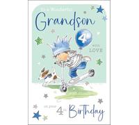 Jonny Javelin Wonderful Grandson 4th Birthday Card - Happy Birthday Card Age 4 with Boy, Dog and Scooter Design with Foil and Flitter Details - Birthday Card for Children