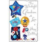 Jonny Javelin Wonderful Grandson Birthday Card - Balloons Presents Gaming