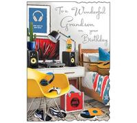 Jonny Javelin Wonderful Grandson Birthday Card - Happy Birthday Card with Modern Music Room Design with Embossed Foil Details - Birthday Card for Men/Boys