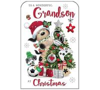 Jonny Javelin Wonderful Grandson Christmas Card - Fudge Cuddly Dog and Christmas Tree Gaming Decorations with Foil and Flitter Details