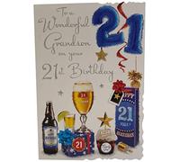 Jonny Javelin Wonderful Grandson Happy 21st Birthday Card - Age 21 Balloons Presents Beer Glass