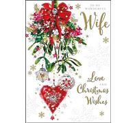 Jonny Javelin Wonderful Wife Christmas Card - Mistletoe Bouquet and Baubles Embossed with Foil and Flitter Details
