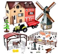 JONRRYIN Farm Animals Toys, Farm Toys with Windmill House Horse Stable Tractor Trailer Farmer Fence Cows, Farm Animal Playset, Farm Animal Figures Play Set Gifts for Kids Boys Children 3-7 Years Old