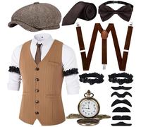 JONRRYIN Men's Accessories 1920s Mafia Costume with Vests and Various Accessories for Halloween Carnival (Brown, M)