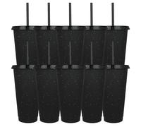 Jonuin 10 Pack Reusable Plastic Cups, 24oz Plastic Tumblers with Lid and Straw, Tumblers Travel Mugs, Black Glitter Cold Drinking Cups for Parties & Travel Cold Drinks Iced Coffee Smoothie