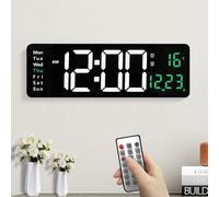 Jonuin 16" Large Digital Wall Clock, LED Digital Wall Clock with Remote Control, Date Week Temperature Display, 10-Level Dimmer, Dual Alarms, Wall Clock for Living Room Office Kitchen Gym (Green)