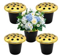 Jonuin 5-Pack Grave Flower Pots with Lids, Gold Grave Pots, Strong Plastic Flower Pots for Graves, Graveside Flower Holders for Cemetery, Memorial Grave Vases for Grave Decorations