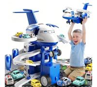 Jonuin Airplane Toy, Airplane Toys with Toy Car Track Set with Music and Light, Storage Transport Plane with 8 Diecast Construction Truck Vehicles and Playmat, Birthday Kids Gift Boys & Girls