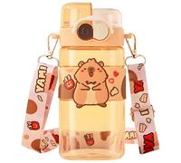 Jonuin Capybara Water Bottle with Straw, 520ml Capybara Drinking Bottle with Dual Lids & Adjustable Strap, Leakproof & Heat Resistant, Cute Plastic Water Bottles for Outdoor Sports, School, Camping