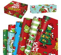 Jonuin Christmas Wrapping Paper, 12 Sheets 69 x 51 cm The Grinch Christmas Wrapping Paper Roll with 6 Holiday Designs, Gift Wrapping Papers for Xmas Birthday Party Present Decorations