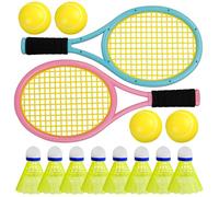 Jonuin Kids Tennis Rackets Set Includes 2 Rackets, 4 Tennis Balls, 8 Badmintons and Storage Bag, Lightweight Kids Badminton Set for Children Indoor Outdoor Sport Game (Blue & Pink)