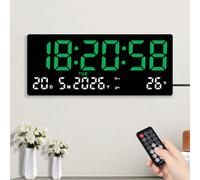 Jonuin Large Digital Wall Clock, 15.5"LED Digital Wall Clock Powered by Cord with Remote Control, Seconds, Date, Week, Temperature, 2 Alarms, Wall & Desk Clock for Living Room, Kitchen, Garage (Green)