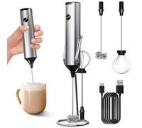 Jonuin Milk Frother Handheld with Stand, Milk Frother Rechargeable, Rechargeable Coffee Frothers Whisk with 2 Heads, 3 Adjustable Speed Mini Drink Mixer for Coffee, Milk, Latte, Cappuccino, Matcha