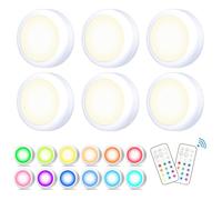 Jonuin Under Cabinet Lights, 6PCS Battery Operated LED Puck Lights with Remote Control, 13 Colour Changing Stick on Light with Adjustable Brightness & Timer for Under Cupboard, Wardrobe, Closet, Shelf