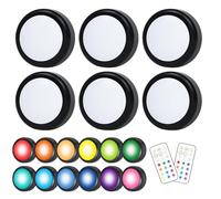 Jonuin Under Cabinet Lights, 6PCS Battery Operated LED Puck Lights with Remote Control, 13 Colour Changing Stick on Light with Adjustable Brightness & Timer for Under Cupboard, Wardrobe, Closet, Shelf