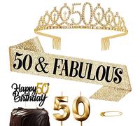 Jonvell 50th Birthday Sash and Tiara Crown Gold 50th Sash Rhinestone Tiara Crown 50th Birthday Number Candles Cake Toppers for Women 50th Birthday Gift Party Decorations Supplies (JV001)