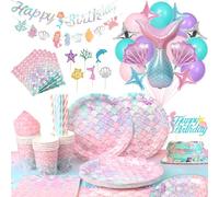 Jonvell Mermaid Party Tableware Set 94pcs Supplies Birthday Paper Plates Cups Napkins Table Cloth Banner Balloons Decor for Girls (YL9JT-16)