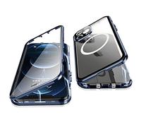 Jonwelsy Case for iPhone 12 Pro, 360 Degree Double-sided Protection Compatible with Magsafe Magnetic Adsorption Metal Bumper Front Tempered Glass Back Frosted PC Cover for iPhone 12 Pro 6.1" (Blue)