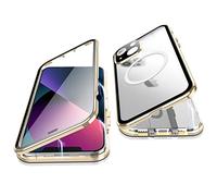 Jonwelsy Case for iPhone 13, 360 Degree Double-sided Protection Compatible with Magsafe Magnetic Adsorption Metal Bumper Front Tempered Glass Back Frosted PC Cover for iPhone 13 6.1" (Gold)
