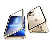 Jonwelsy Case for iPhone 13 Pro, 360 Degree Double-sided Protection Compatible with Magsafe Magnetic Adsorption Metal Bumper Front Tempered Glass Back Frosted PC Cover for iPhone 13 Pro 6.1" (Gold)