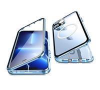 Jonwelsy Case for iPhone 13 Pro Max, 360 Degree Double-sided Protection Compatible with Magsafe Magnetic Adsorption Metal Bumper Front Tempered Glass Back Frosted PC Cover for 13 Pro Max 6.7" (Blue)
