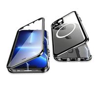 Jonwelsy Case for iPhone 13 Pro Max, 360 Degree Double-sided Protection Compatible with Magsafe Magnetic Adsorption Metal Bumper Front Tempered Glass Back Frosted PC Cover for 13 Pro Max 6.7" (Black)