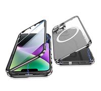 Jonwelsy Case for iPhone 14 Plus, 360 Degree Double-sided Protection Compatible with Magsafe Magnetic Adsorption Metal Bumper Front Tempered Glass Back Frosted PC Cover for 14 Plus 6.7" (Black)